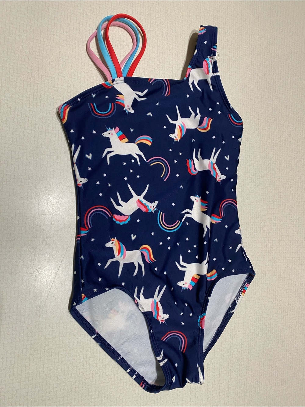 Cat & Jack Girls Navy Unicorn One-Piece Swimsuit with Rainbow Straps